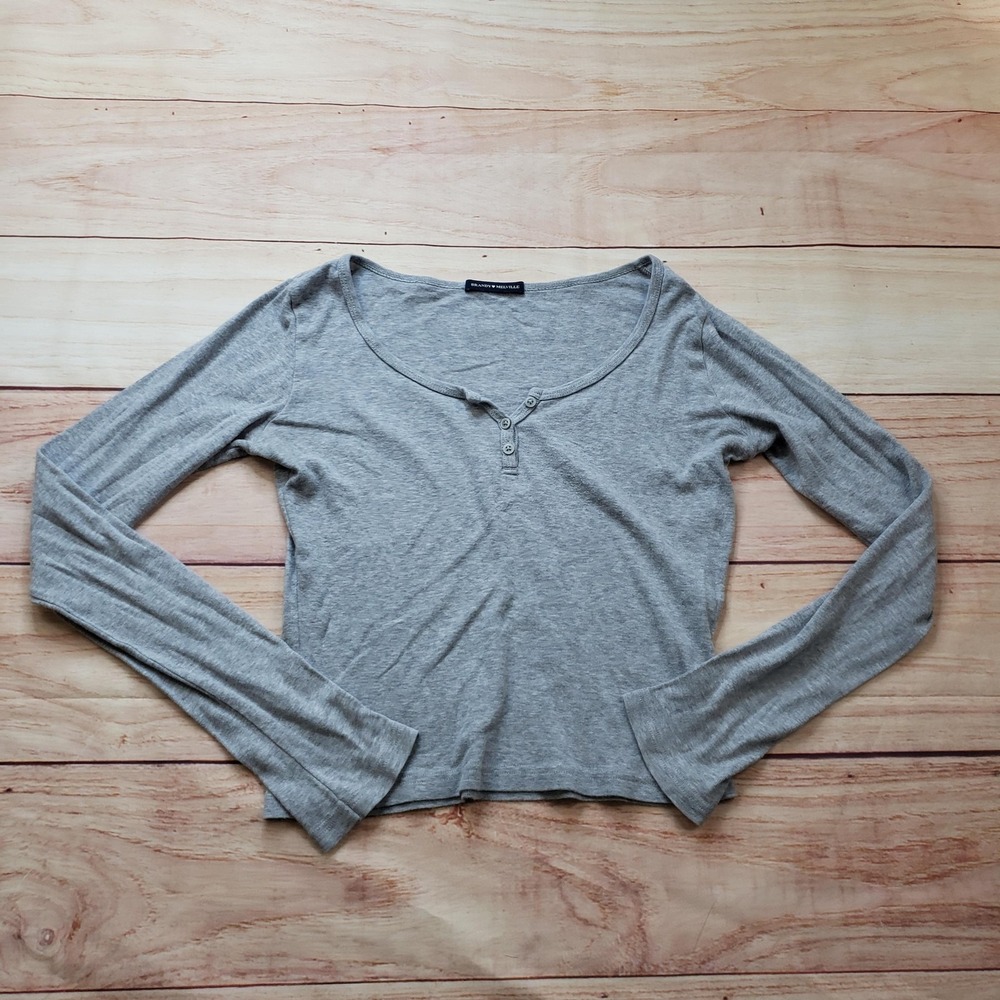 Brandy Melville Shirt Womens One Size Gray Henley Long Sleeve Lightweight Ladies